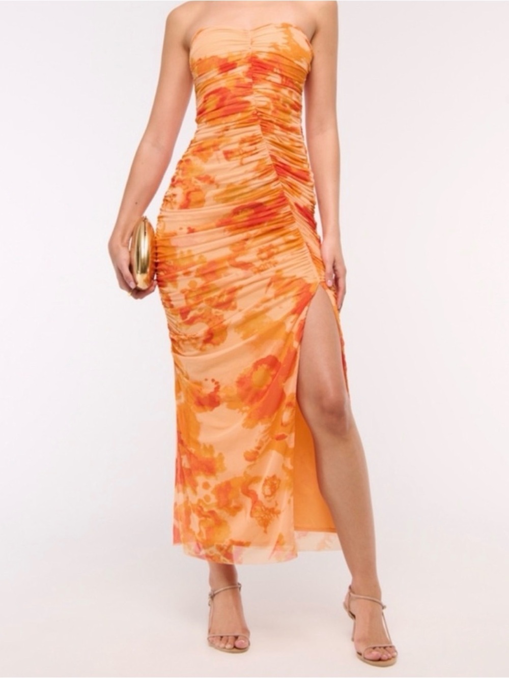 Abercrombie & Fitch Strapless Orange Floral Ruched Maxi Dress with Side Slit.